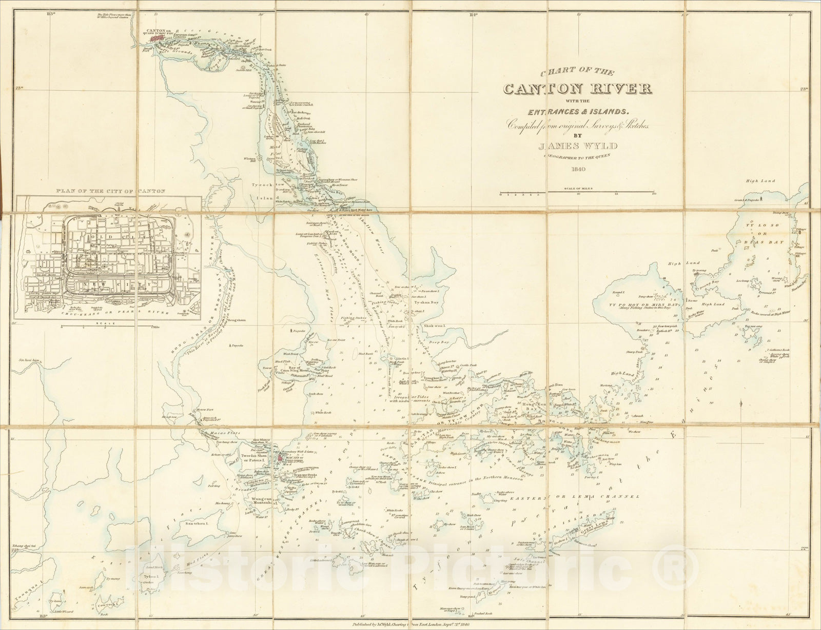 Historic Map : Chart of the Canton River with the Entrances & Islands. Compiled from original Surveys & Sketches., 1840, James Wyld, Vintage Wall Art