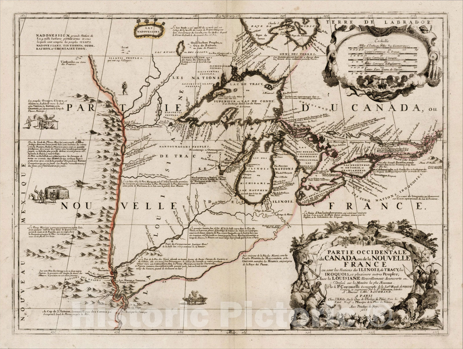 Historic Map : Partie Occidentale du Canada ou de la Nouvelle France ou sont les Nations des Ilinois, c1690, , Vintage Wall Art
