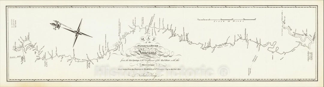 Historic Map : Map of the Washita river in Louisiana from the Hot Springs to the confluence of the Red River with the Mississippi, 1804, George T. Dunbar, v2, Vintage Wall Art