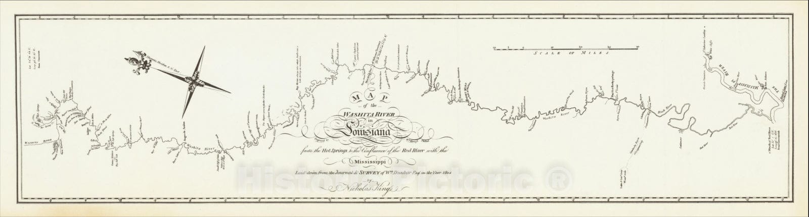 Historic Map : Map of the Washita river in Louisiana from the Hot Springs to the confluence of the Red River with the Mississippi, 1804, George T. Dunbar, v2, Vintage Wall Art
