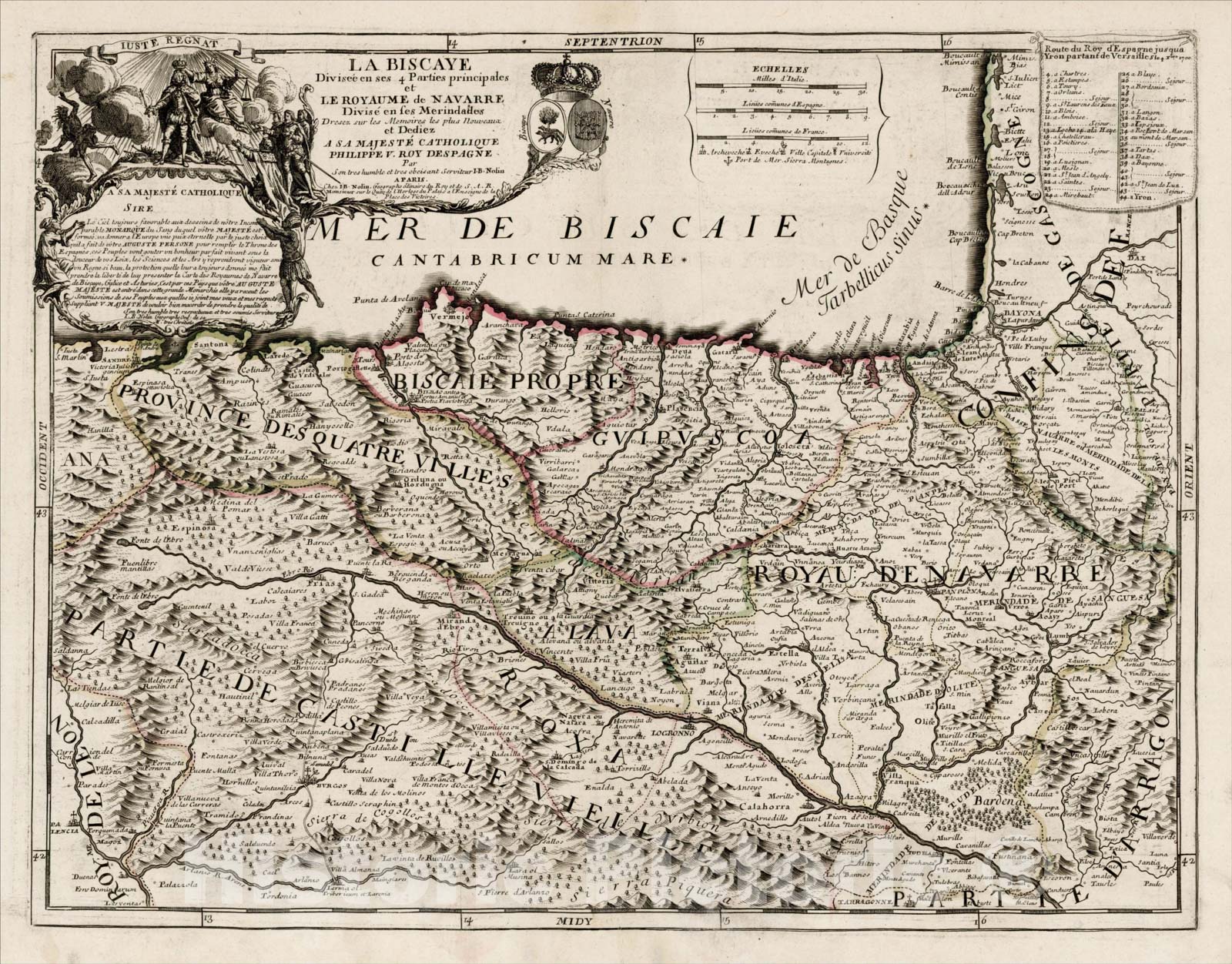 Historic Map : La Biscaye Divisee en ses 4 Parties principales et Le Royaume de Navarre Divise en ses Merindades, 1700, 1700, , Vintage Wall Art