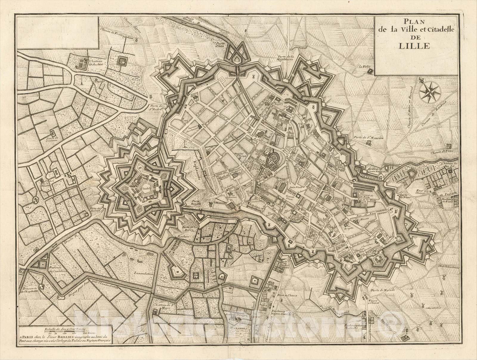 Historic Map : Plan De La Ville et Citadelle de Lille, c1700, Gaspar Baillieul, Vintage Wall Art
