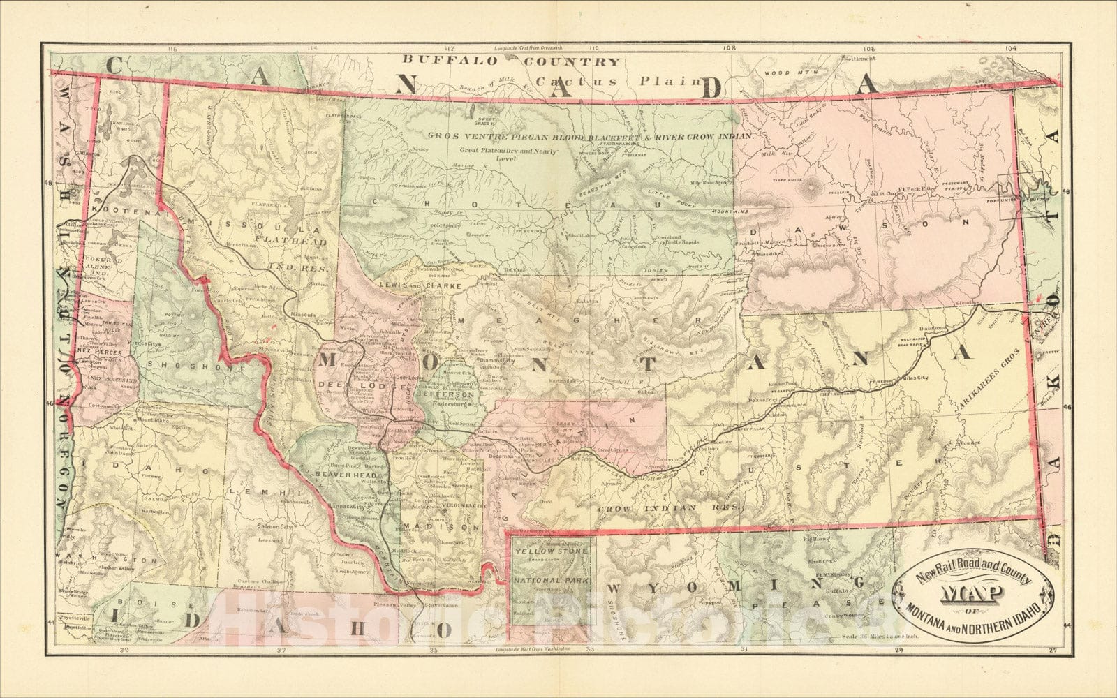 Historic Map : New Railroad and County Map of Montana and Northern Idaho, 1881, HS Stebbins, Vintage Wall Art