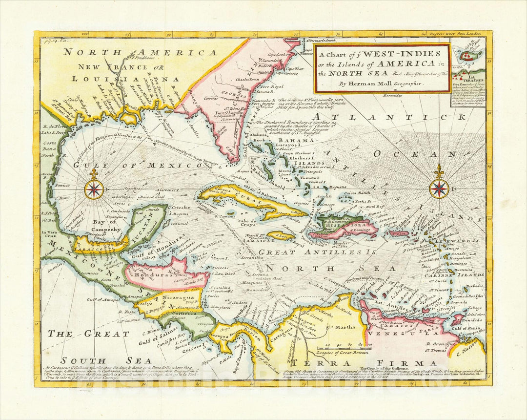 Historic Map : A Chart of ye West-Indies or the Islands of the Americas in the North Sea &c. Being ye Present Seat of War?, 1745, Herman Moll, Vintage Wall Art