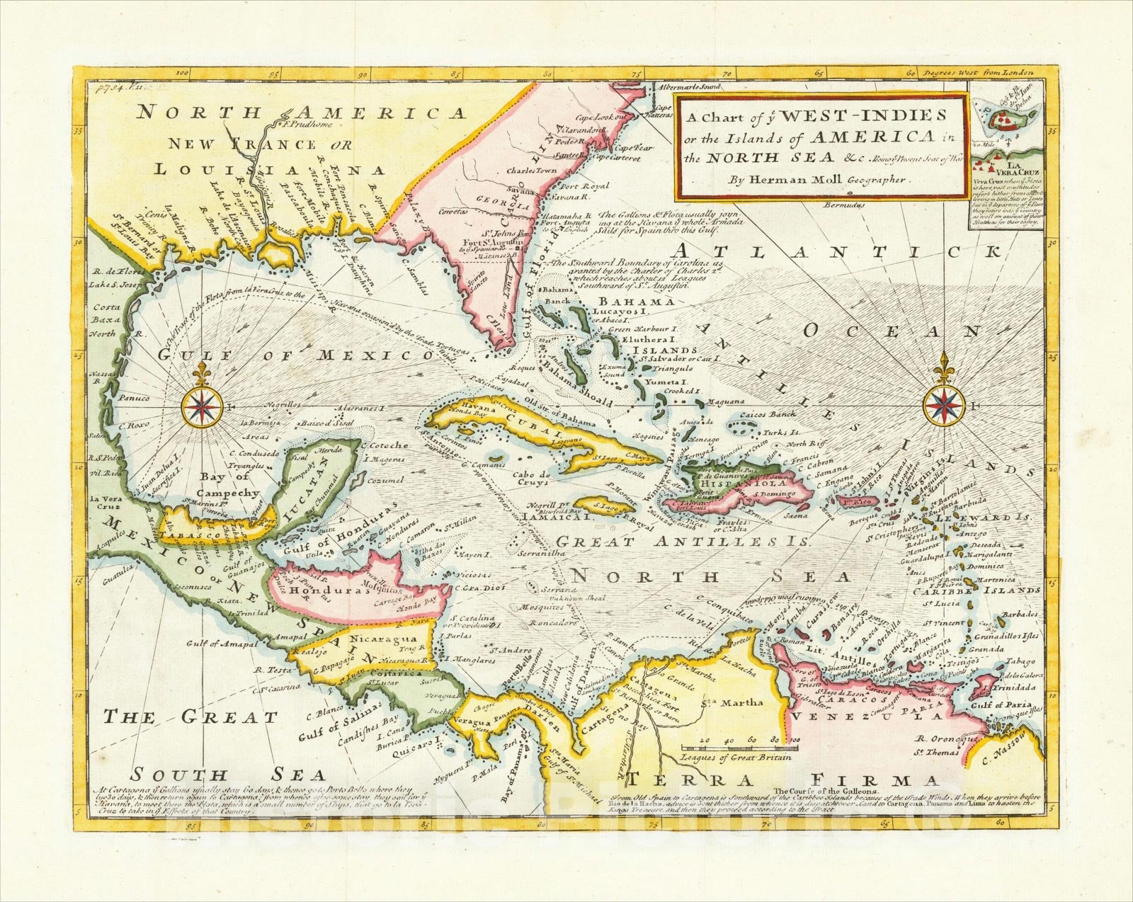 Historic Map : A Chart of ye West-Indies or the Islands of the Americas in the North Sea &c. Being ye Present Seat of War?, 1745, Herman Moll, Vintage Wall Art