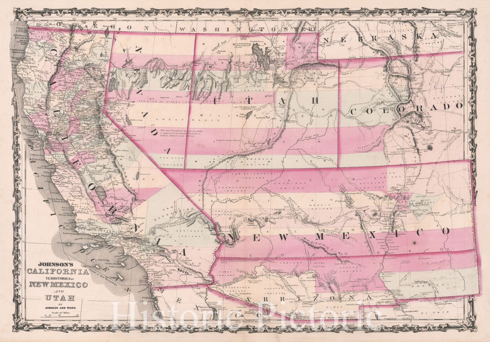 Historic Map : Johnson's California, Territories of New Mexico and Utah, 1862, Benjamin P Ward, v1, Vintage Wall Art