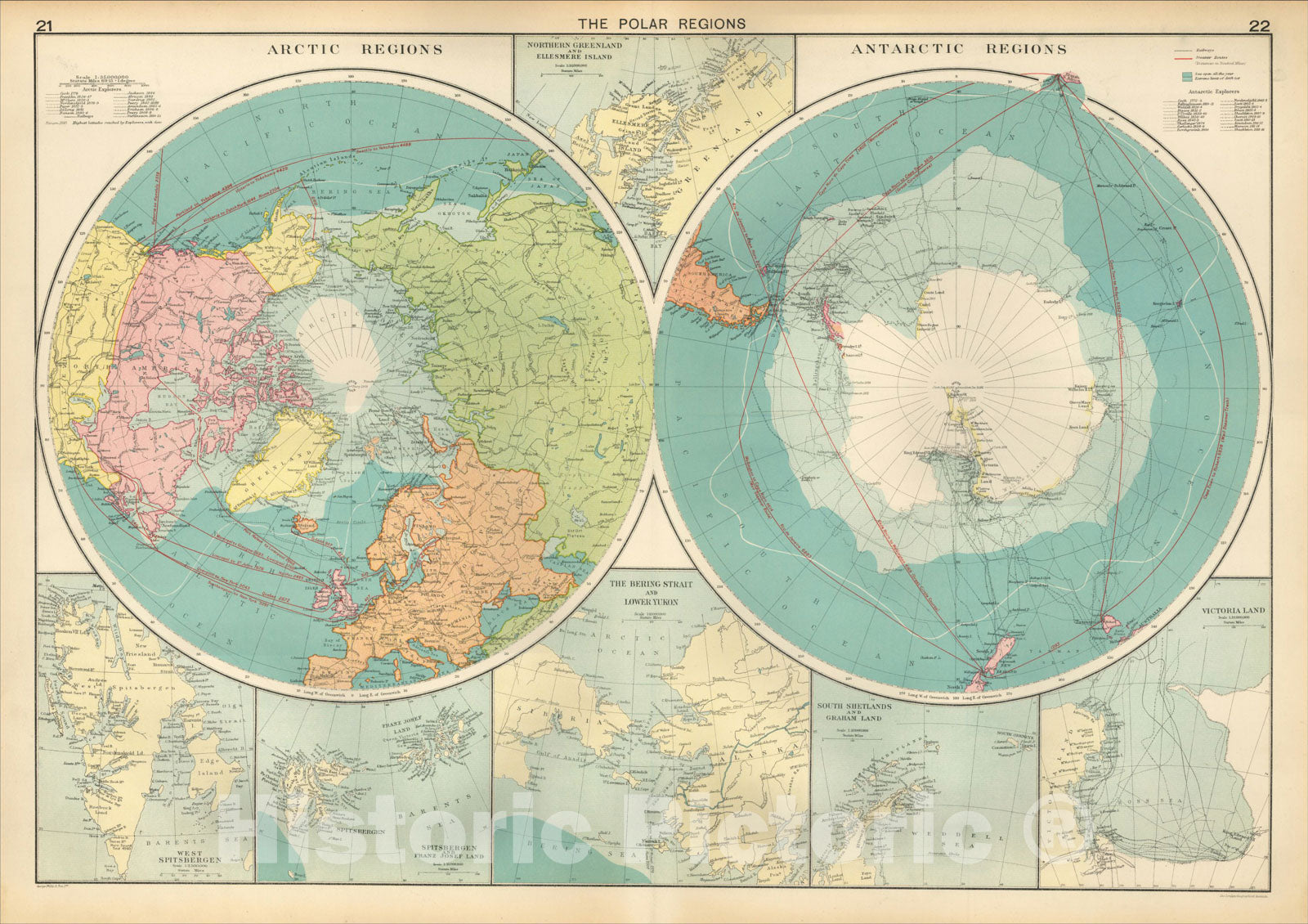 Historic Map : The Polar Regions (Arctic Regions and Antarctic Regions), c1920, , Vintage Wall Art