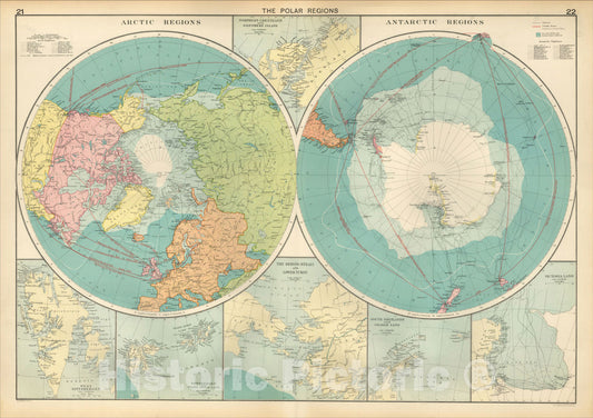 Historic Map : The Polar Regions (Arctic Regions and Antarctic Regions), c1920, , Vintage Wall Art