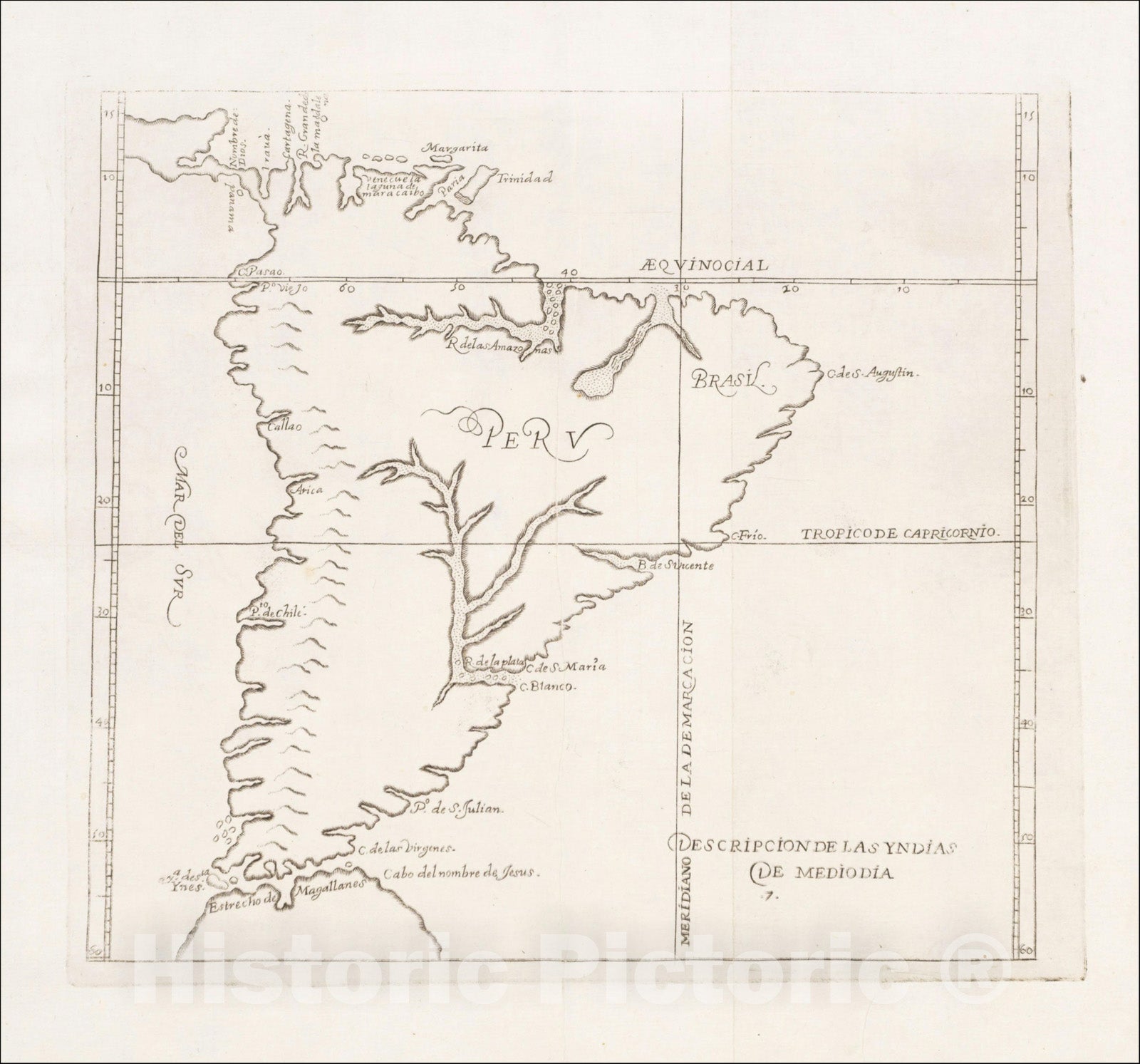 Historic Map : (South America) Descripcion De Las Yndias De Mediodia, 1666, Antonio de Herrera y Tordesillas, Vintage Wall Art