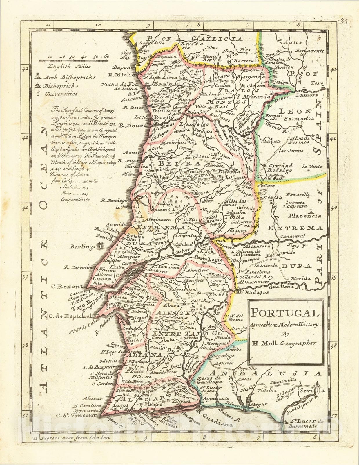 Historic Map : Portugal, c1720, Herman Moll, Vintage Wall Art