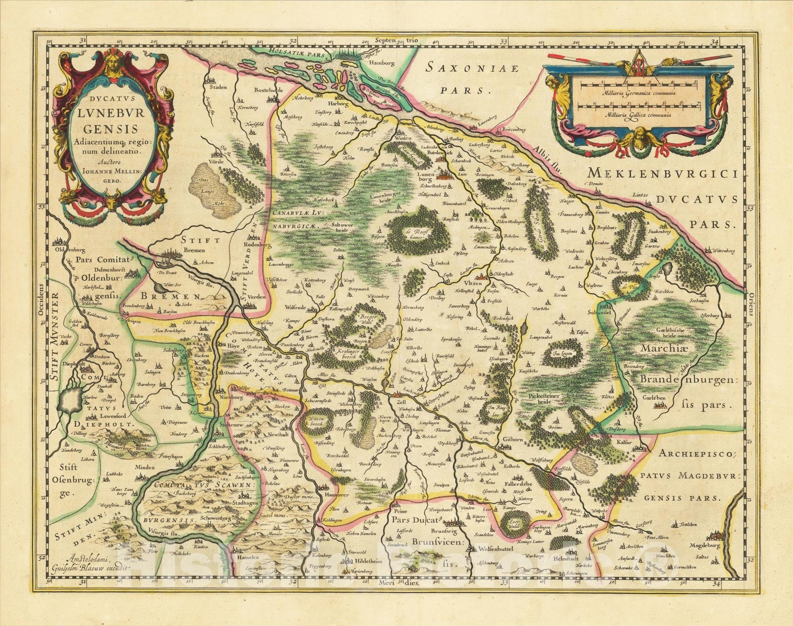 Historic Map : Ducatus Luneburgensis Adiacentiumqu regionum delineatio Auctore Iohanne Mellingero, c1640, Willem Janszoon Blaeu, Vintage Wall Art