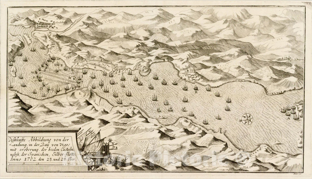 Historic Map : (Vigo) Warhaffe Abbildung von der landung in der Bay von Vigos, 1730, Peter Fehr, Vintage Wall Art