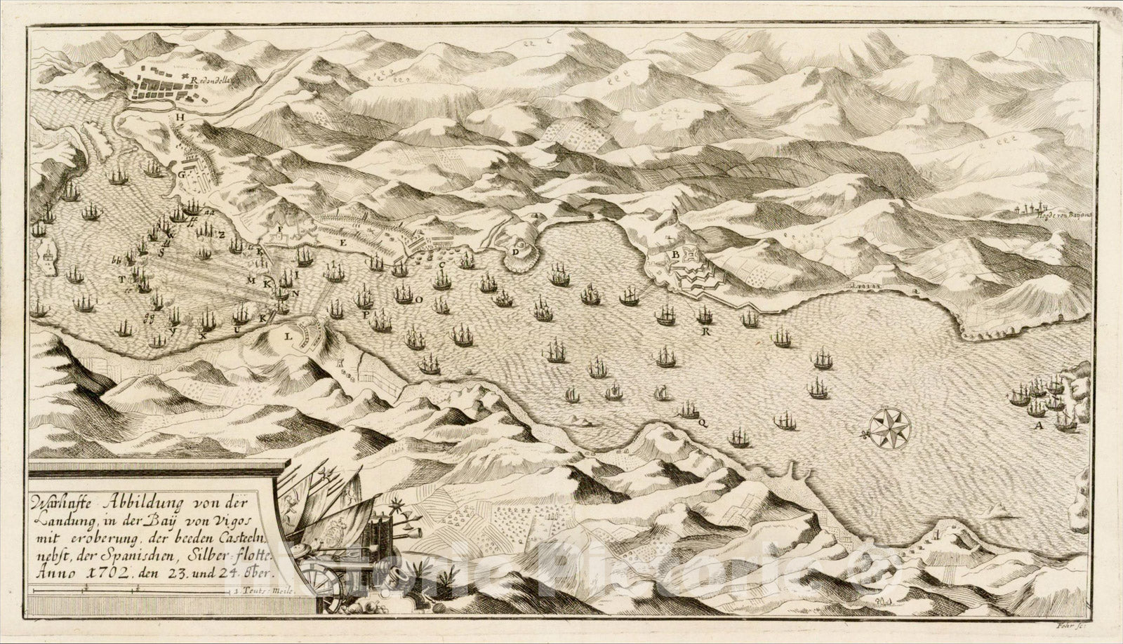 Historic Map : (Vigo) Warhaffe Abbildung von der landung in der Bay von Vigos, 1730, Peter Fehr, Vintage Wall Art