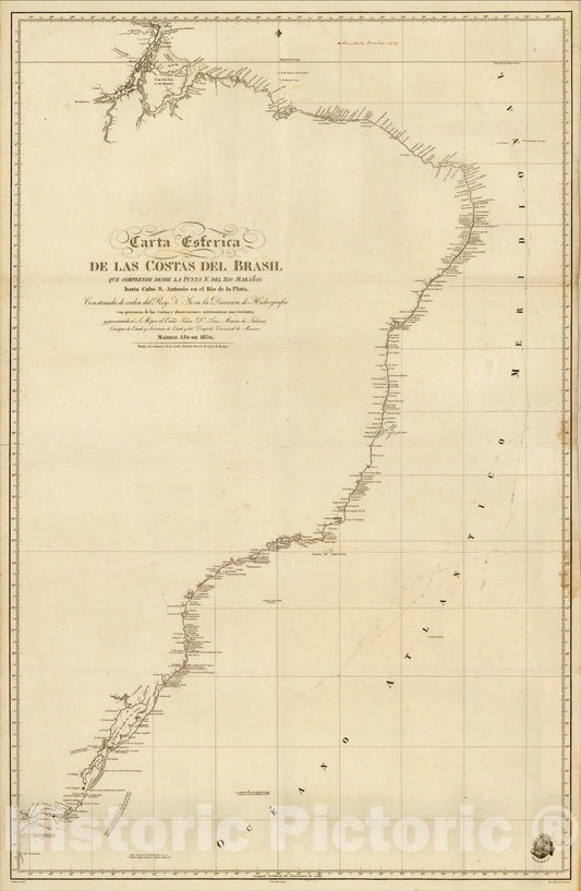 Historic Map : Carta Esferica de las Costas Del Brasil que comprende desde La Punta N. Del Rio Mara?n, 1830, Direccion Hidrografica de Madrid, Vintage Wall Art
