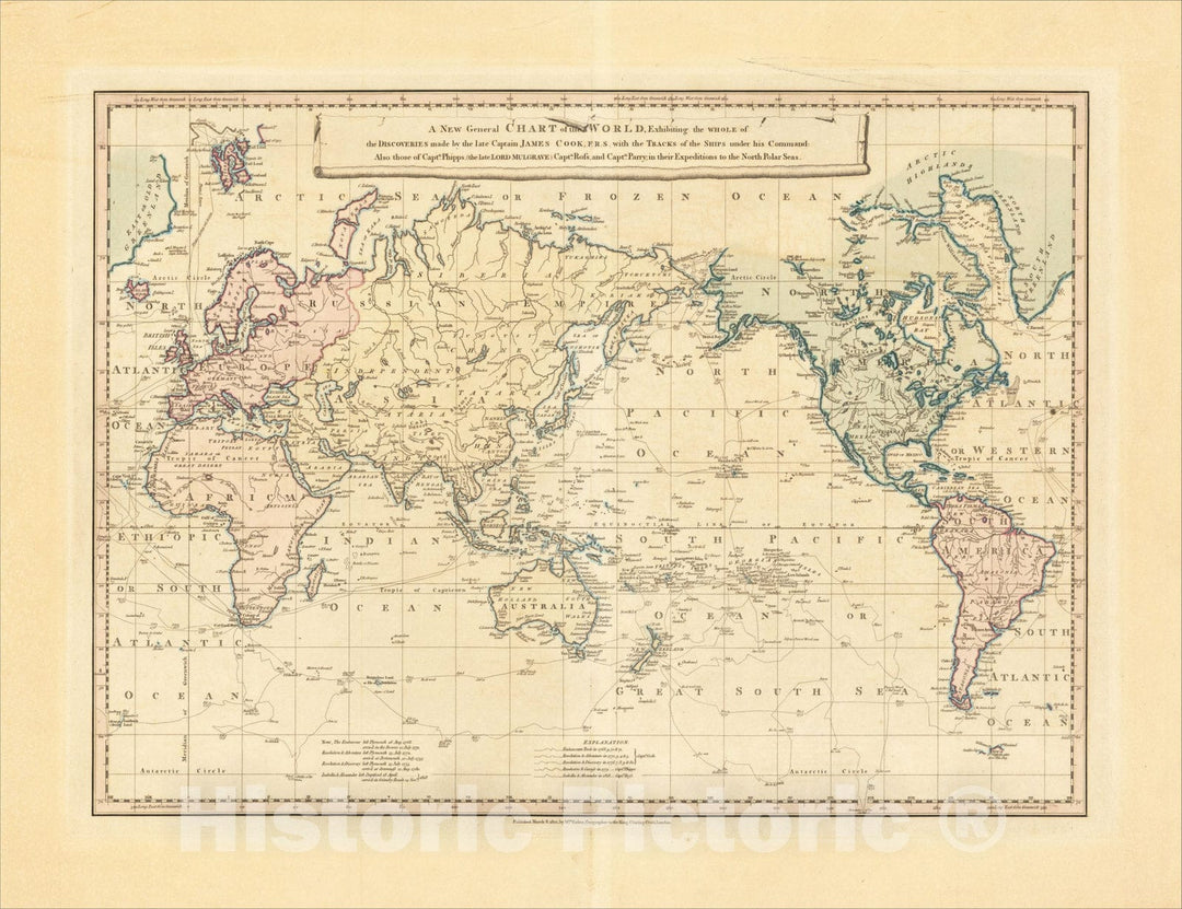 Historic Map : A New General Chart of the World. Exhibiting the Whole of the Discoveries in their Expeditions to the North Polar Seas, 1821, William Faden, Vintage Wall Art