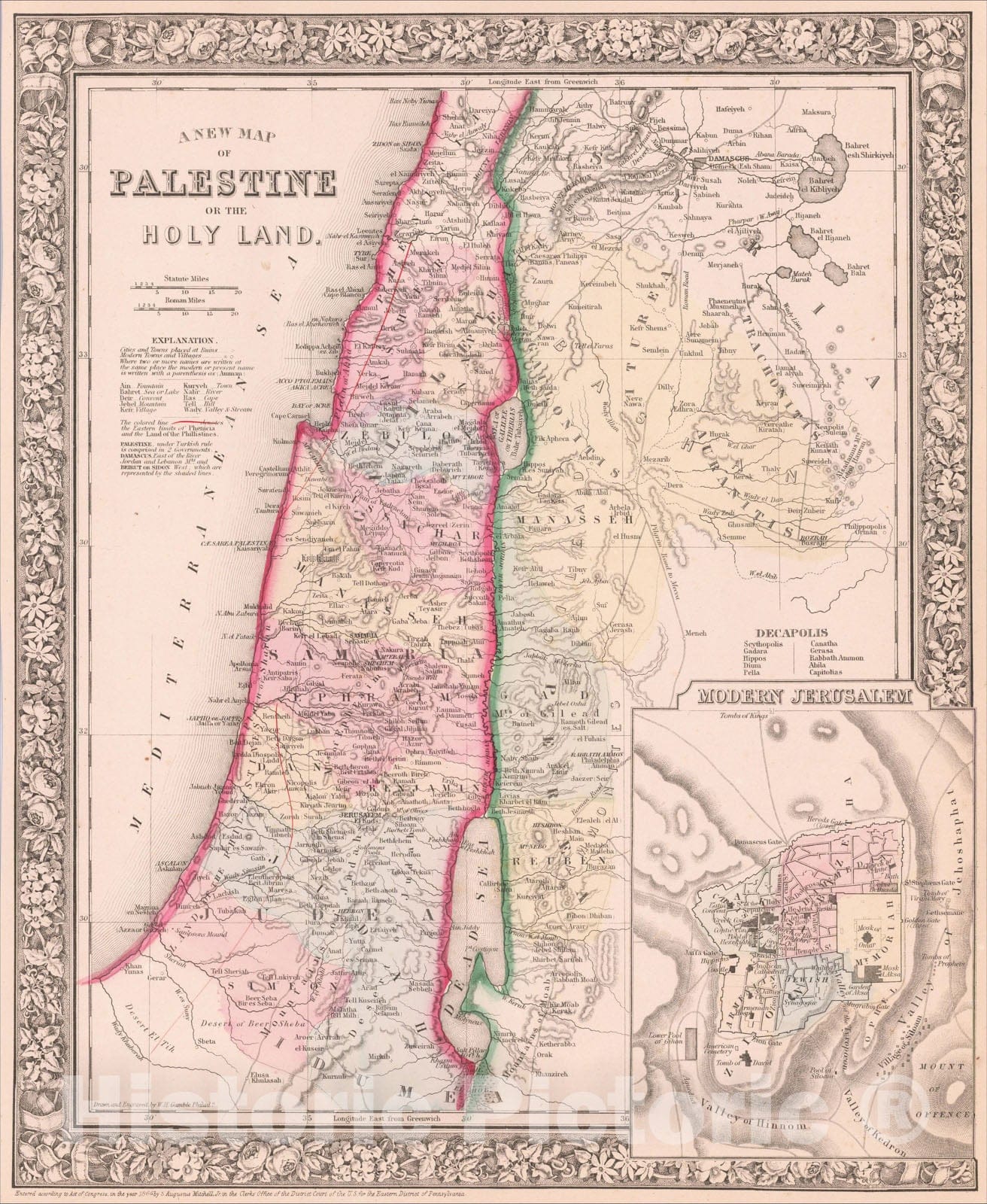 Historic Map : A New Map of Palestine or the Holy Land, 1888, Samuel Augustus Mitchell Jr., Vintage Wall Art