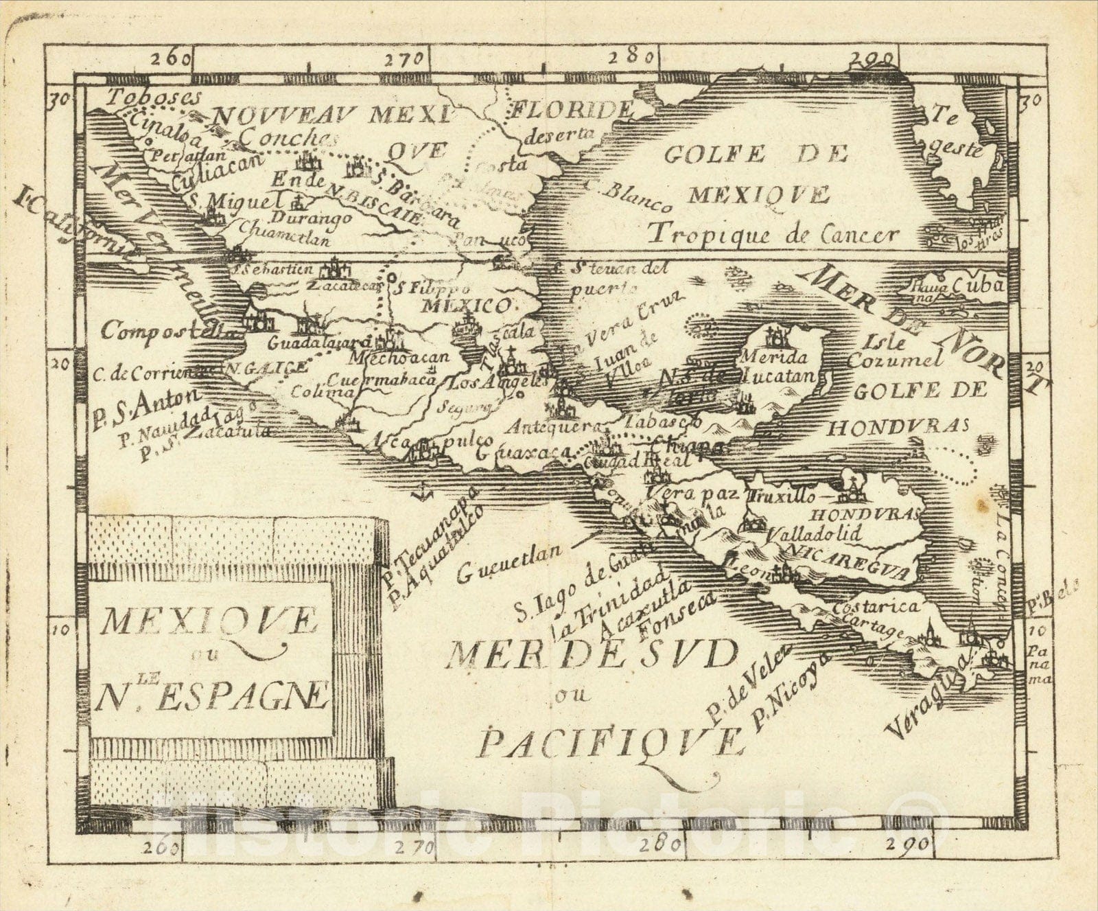 Historic Map : Mexique ou Nole. Espagne, 1660, Pierre Du Val, Vintage Wall Art