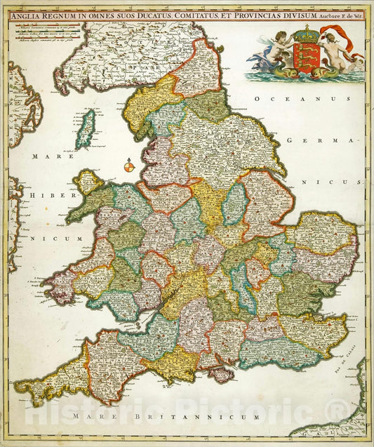 Historic Map : Anglia Regnum In Omnes Suos Ducatus, Comitatus, et Provincias Divisum (Gold Leaf Highlights), c1688, , Vintage Wall Art