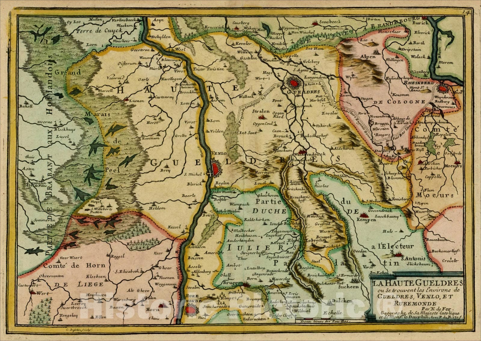 Historic Map : La Haute Gueldres ou se trouvent les Environs de Gueldres, Venlo et Ruremonde, 175, 1705, Nicolas de Fer, Vintage Wall Art