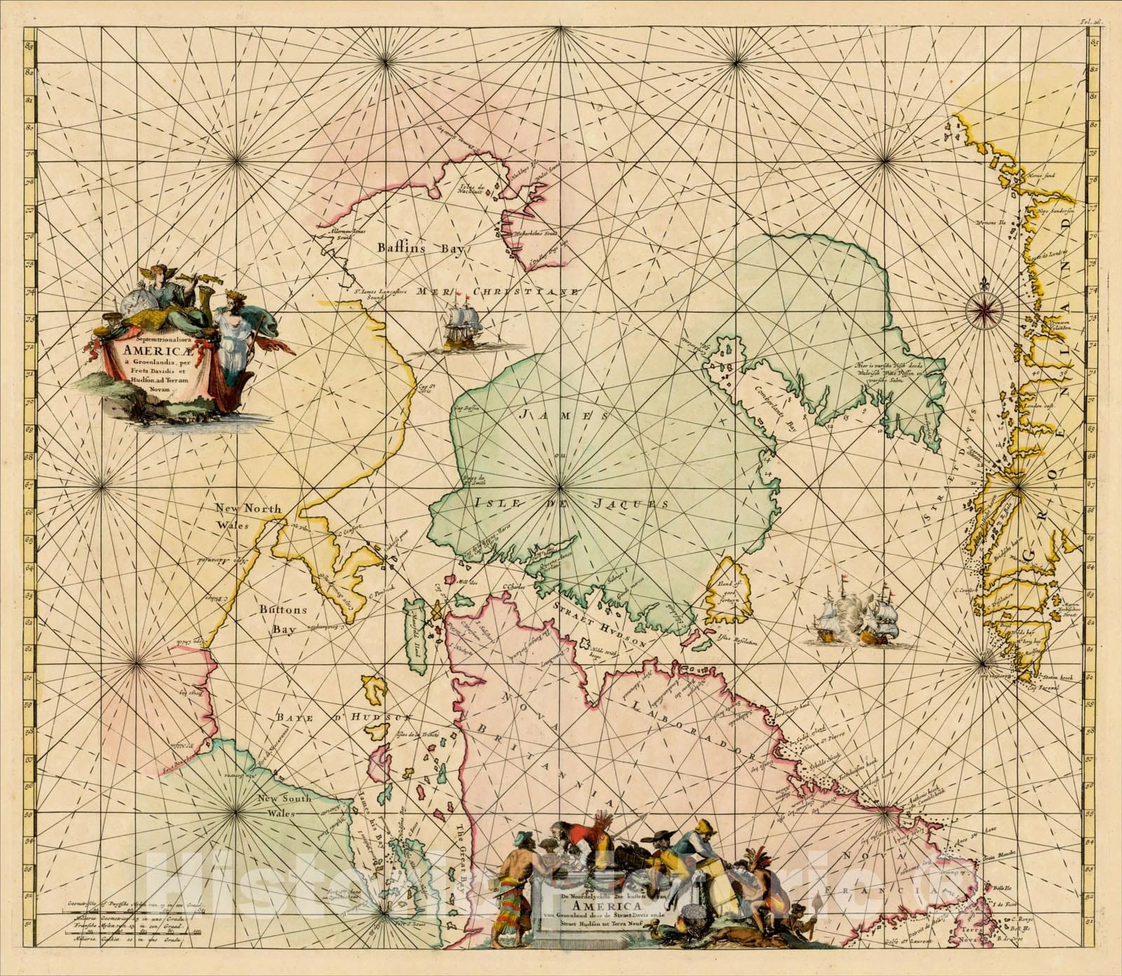 Historic Map : Septentrionaliora Americae a Groenlandia, per Freta Davidis et Hudsonad Terrarm Novam, 1675, Frederick De Wit, Vintage Wall Art