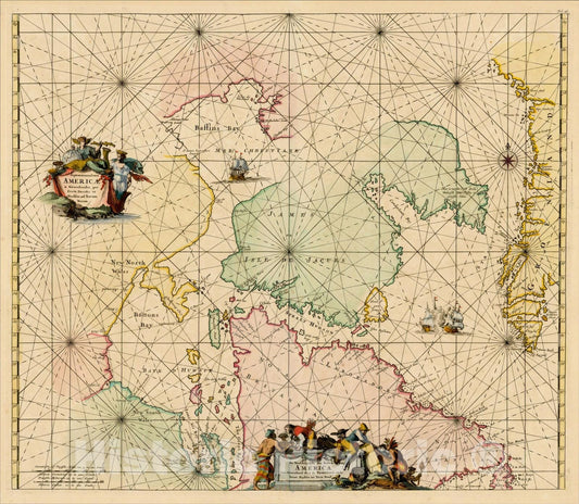 Historic Map : Septentrionaliora Americae a Groenlandia, per Freta Davidis et Hudsonad Terrarm Novam, 1675, Frederick De Wit, Vintage Wall Art
