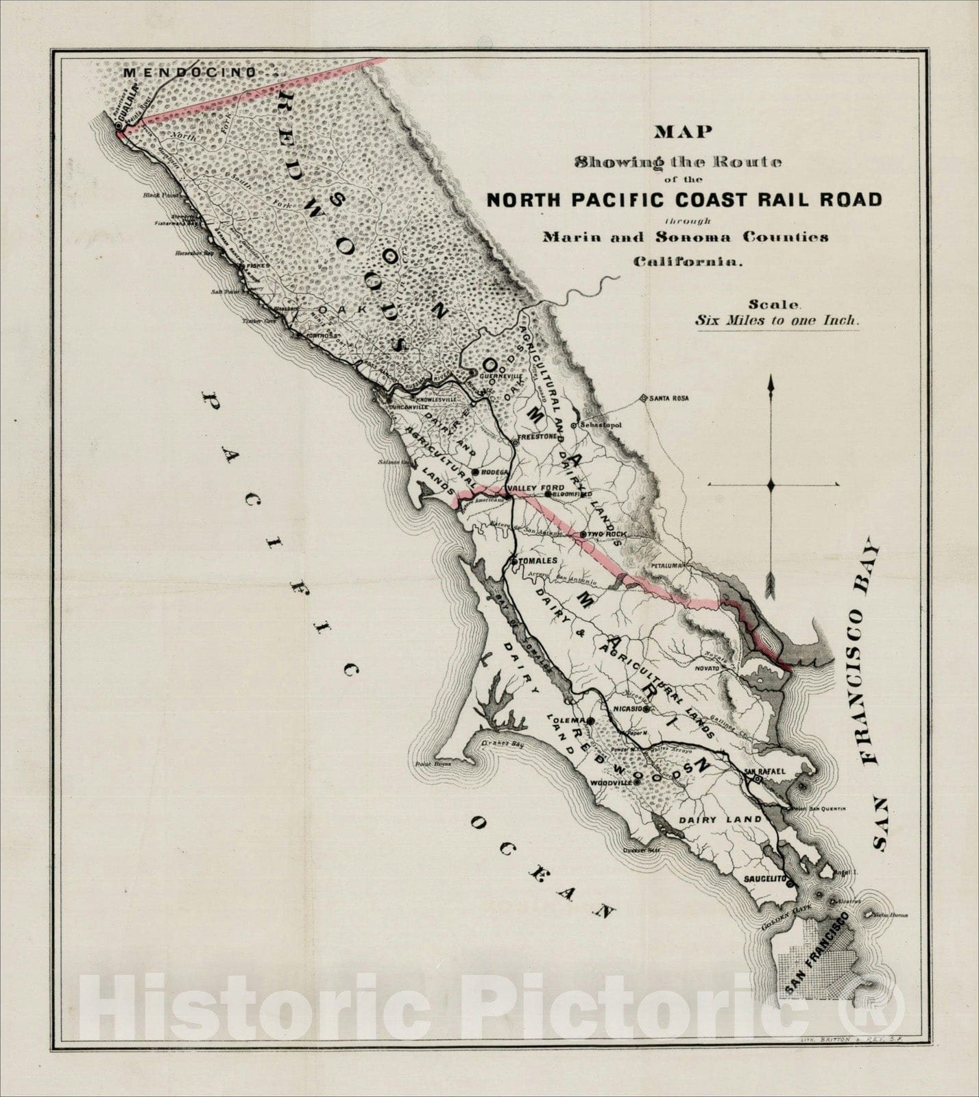 Historic Map : Map Showing the Route of the North Pacific Coast Railroad through Marin and Sonoma Counties, California, c1875, Britton & Rey, Vintage Wall Art