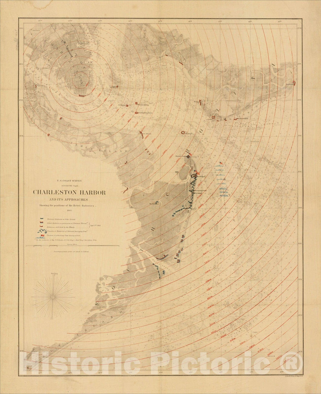 Historic Map : Charleston Harbor And Its Approaches Showing the positions of the Rebel Batteries 1863., 1863, United States Coast Survey, v2, Vintage Wall Art