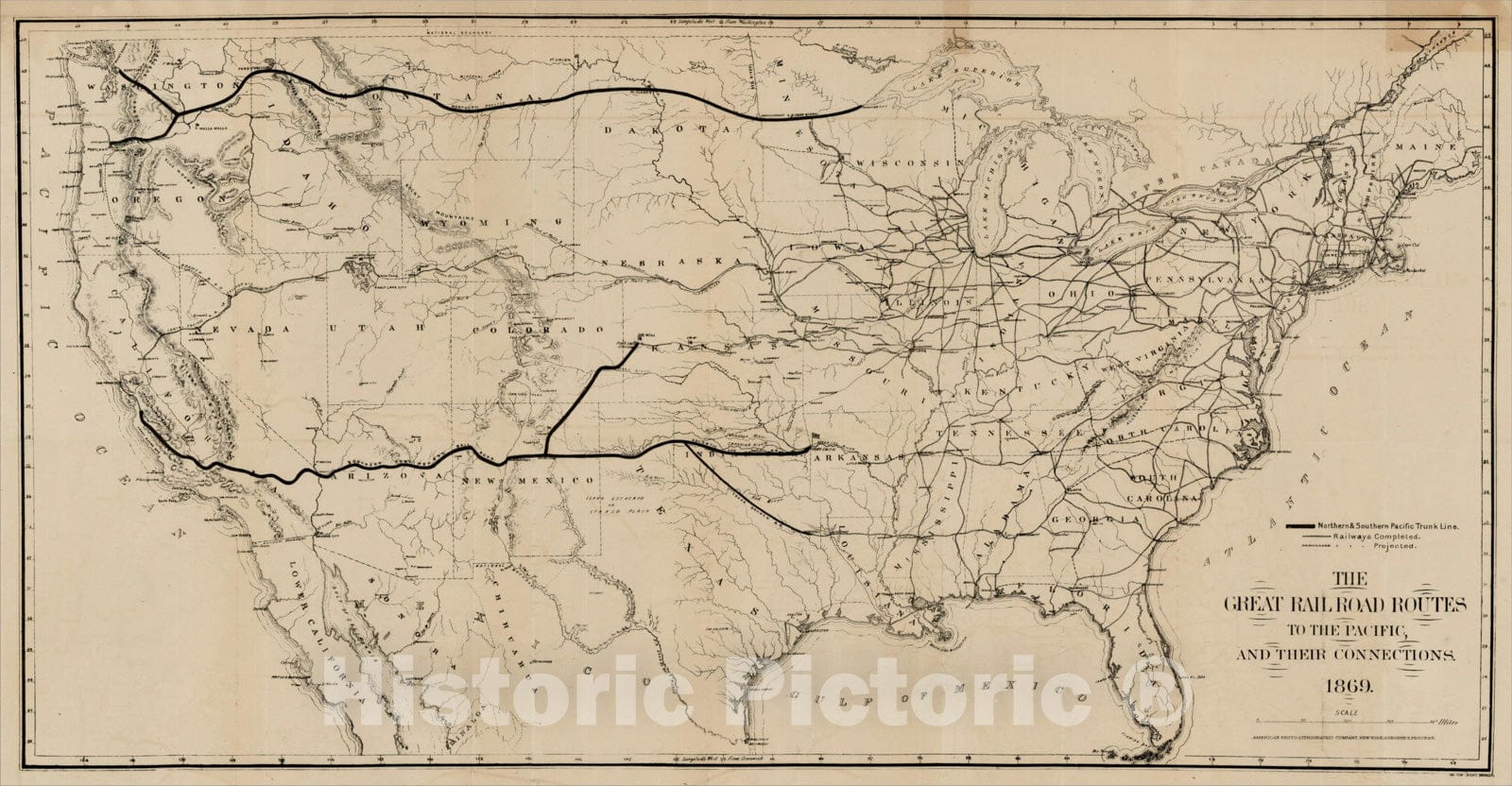 Historic Map : The Great Railroad Routes To The Pacific, And Their Connections. 1869, 1869, , Vintage Wall Art