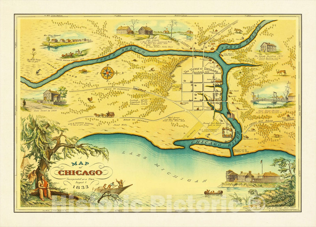 Historic Map : A Map of Chicago Incorporated as a Town August 5 1833, 1933, D. E. Stelzer, Vintage Wall Art