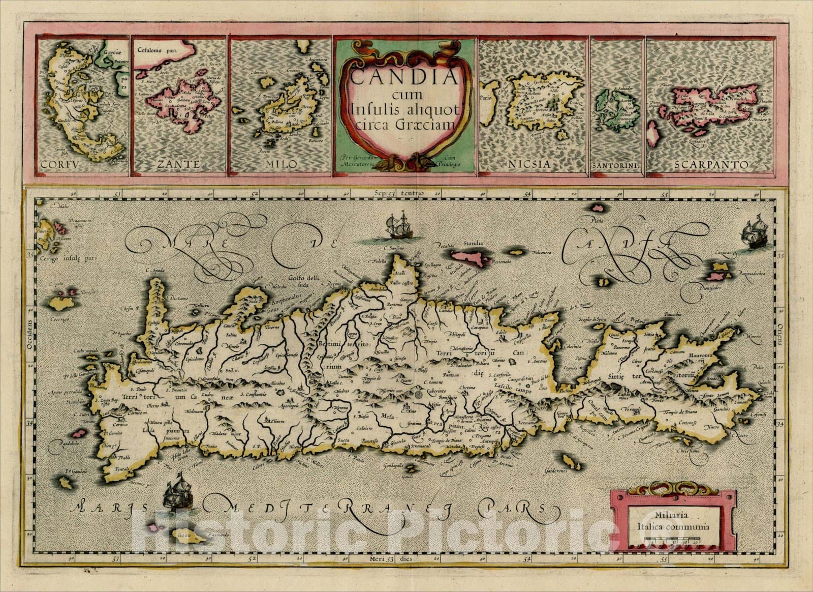 Historic Map : Candia cum Insulis aliquot circa Graeciam [Insets of Corfu, Zante, Milo, Nicsia, Santorini and Scarpanto, c1630, Gerard Mercator, Vintage Wall Art