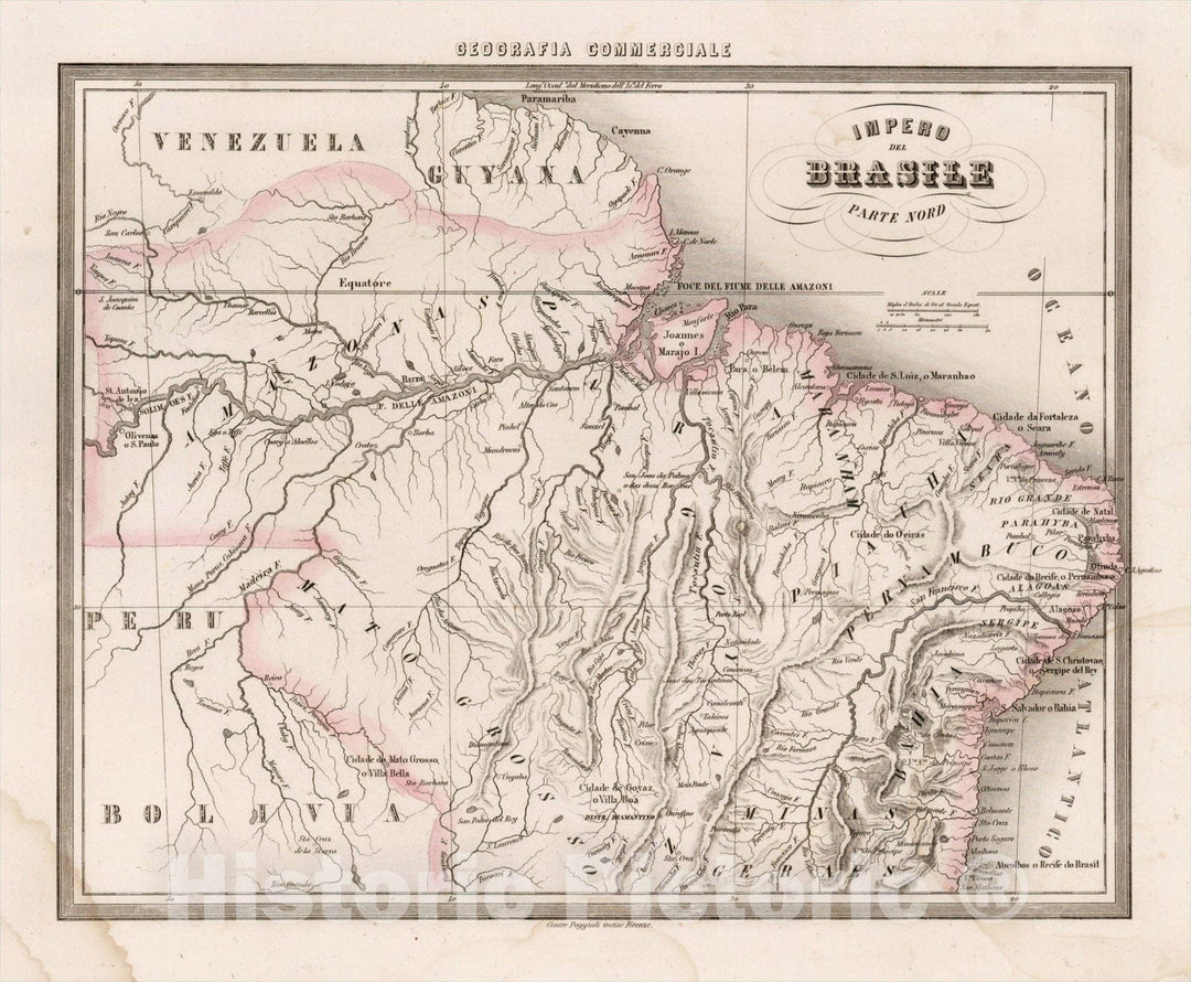Historic Map : Impero Del Brasile Parte Nord, c1850, Francesco Marmocchi, Vintage Wall Art