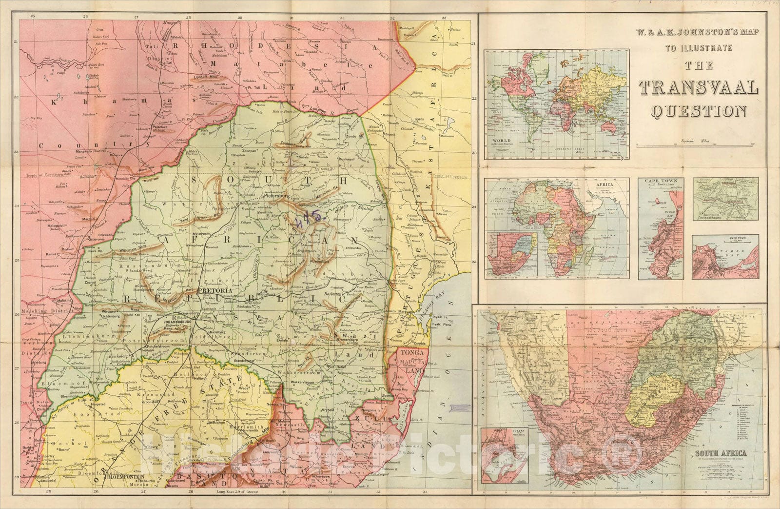 Historic Map : W. & A.K. Johnston's Map To Illustrate The Transvaal Question, c1899, , Vintage Wall Art