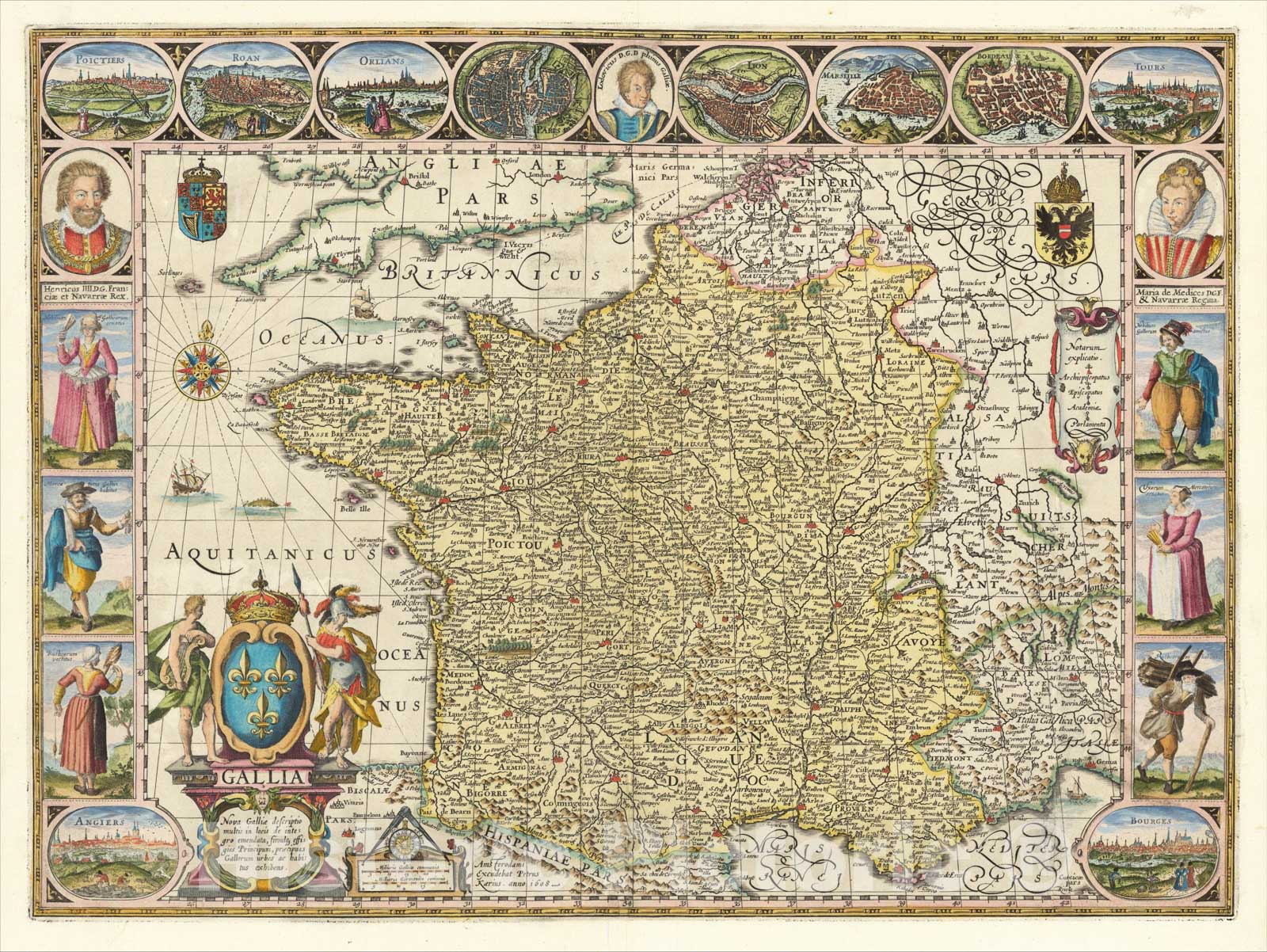 Historic Map : Nova Galliae descriptio multis in locis de integro emendata, Simuque effigies Principum, 1608, Vintage Wall Art