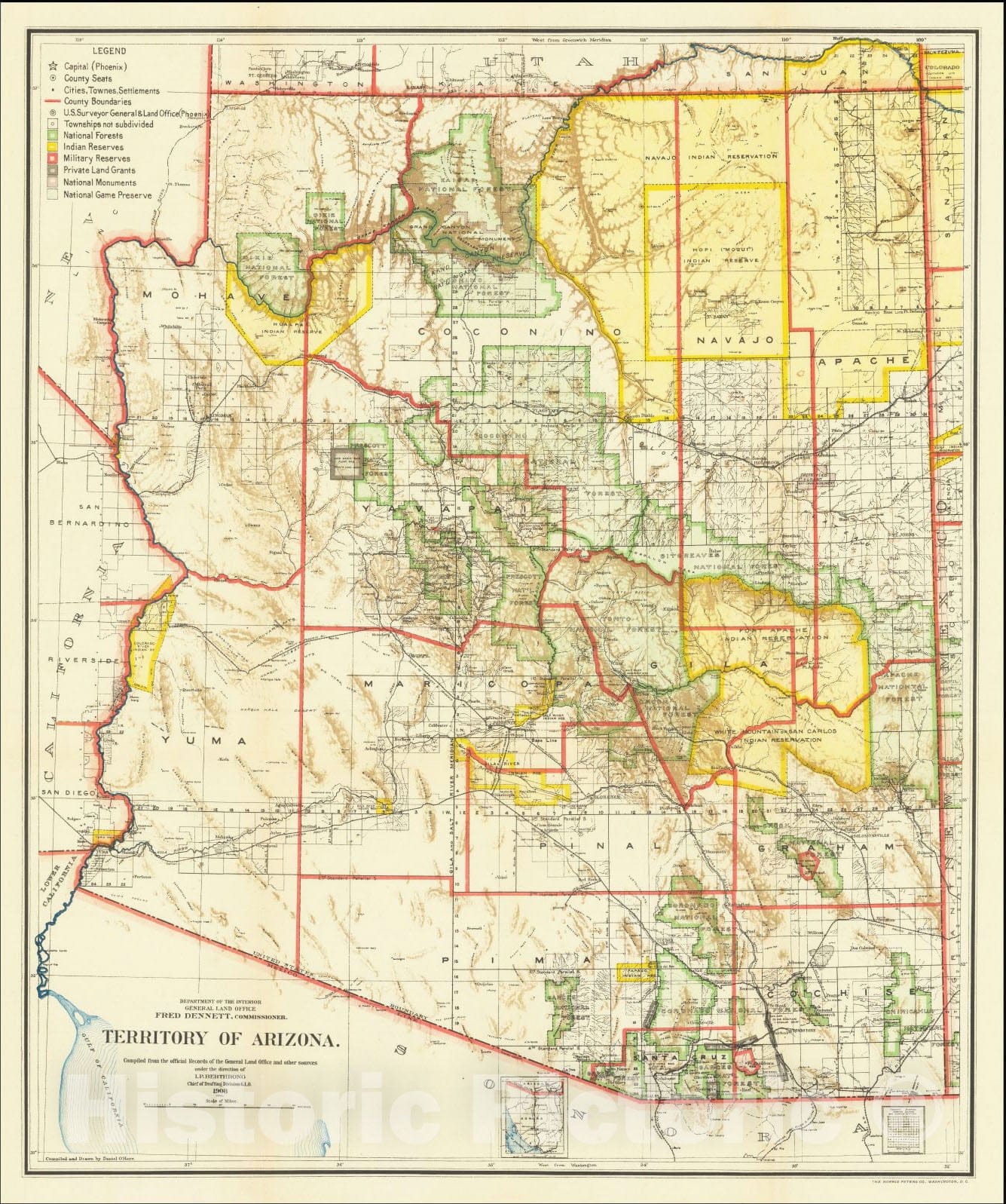 Historic Map : Territory of Arizona . . .1908, 1908, General Land Office, Vintage Wall Art