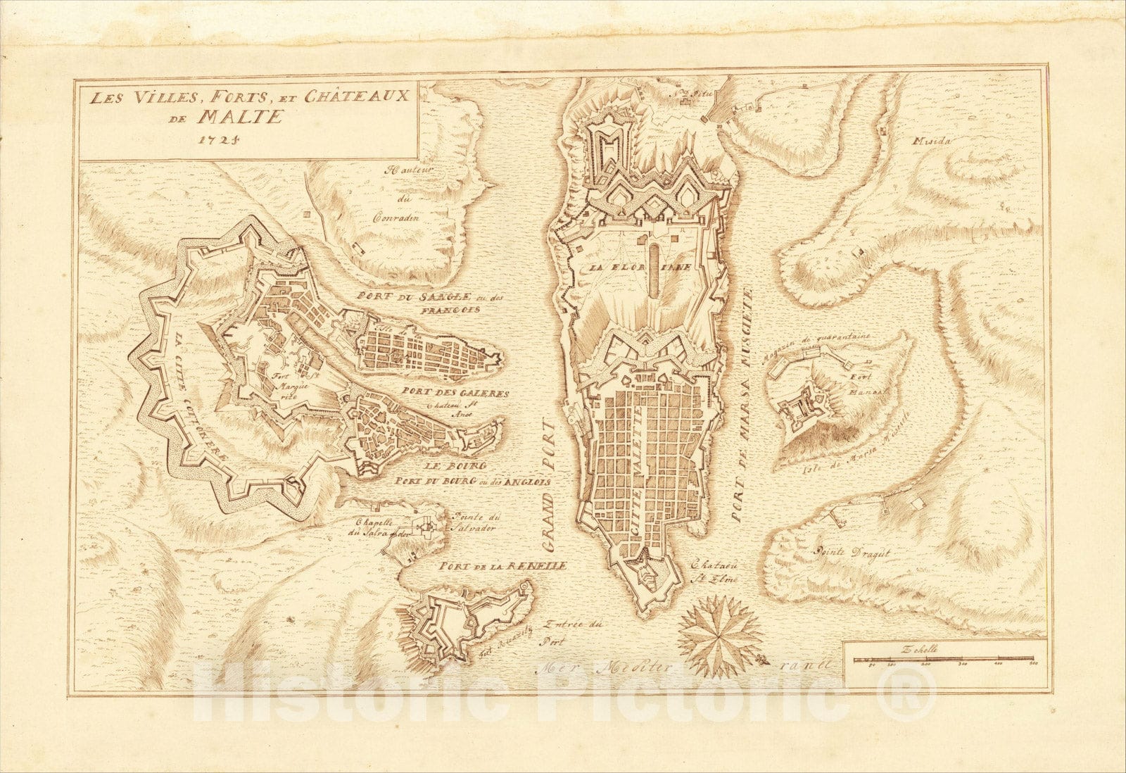 Historic Map : [Hand Drawn Map of Valletta] Les Villes, Forts, et Chateaux de Malte 1724, c1724, , Vintage Wall Art