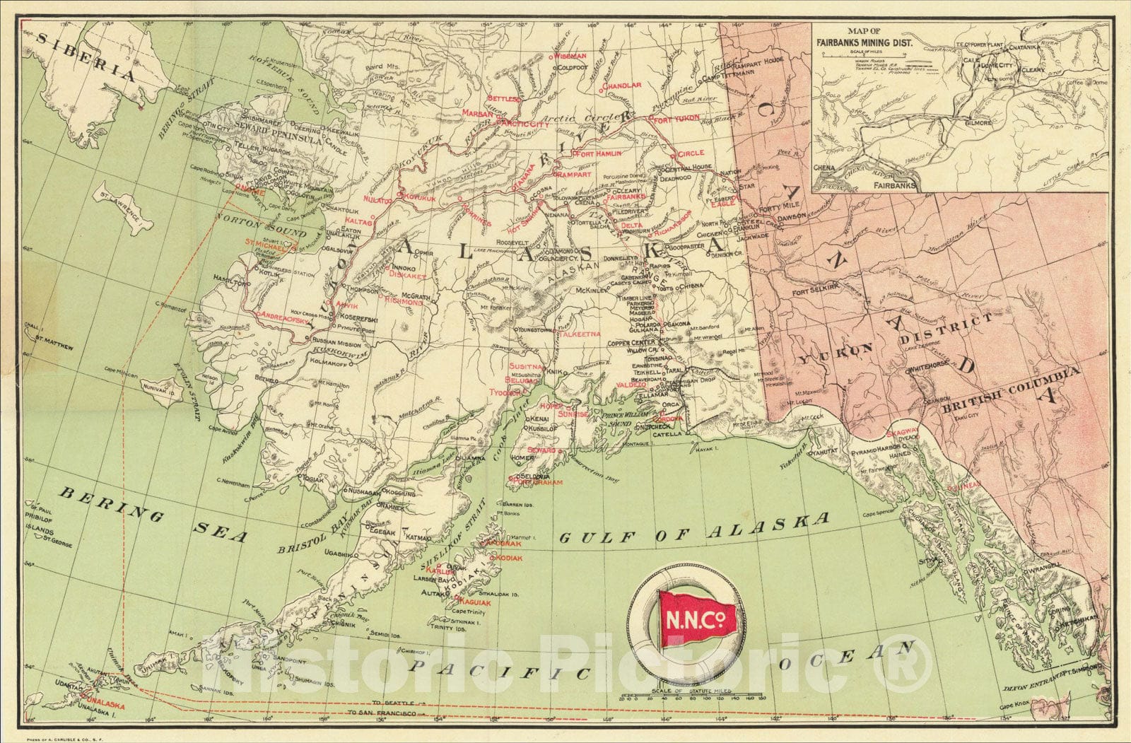 Historic Map : [Alaska Gold Fields] Map of Fairbanks Mining District, c1910, Northern Navigation Co., Vintage Wall Art