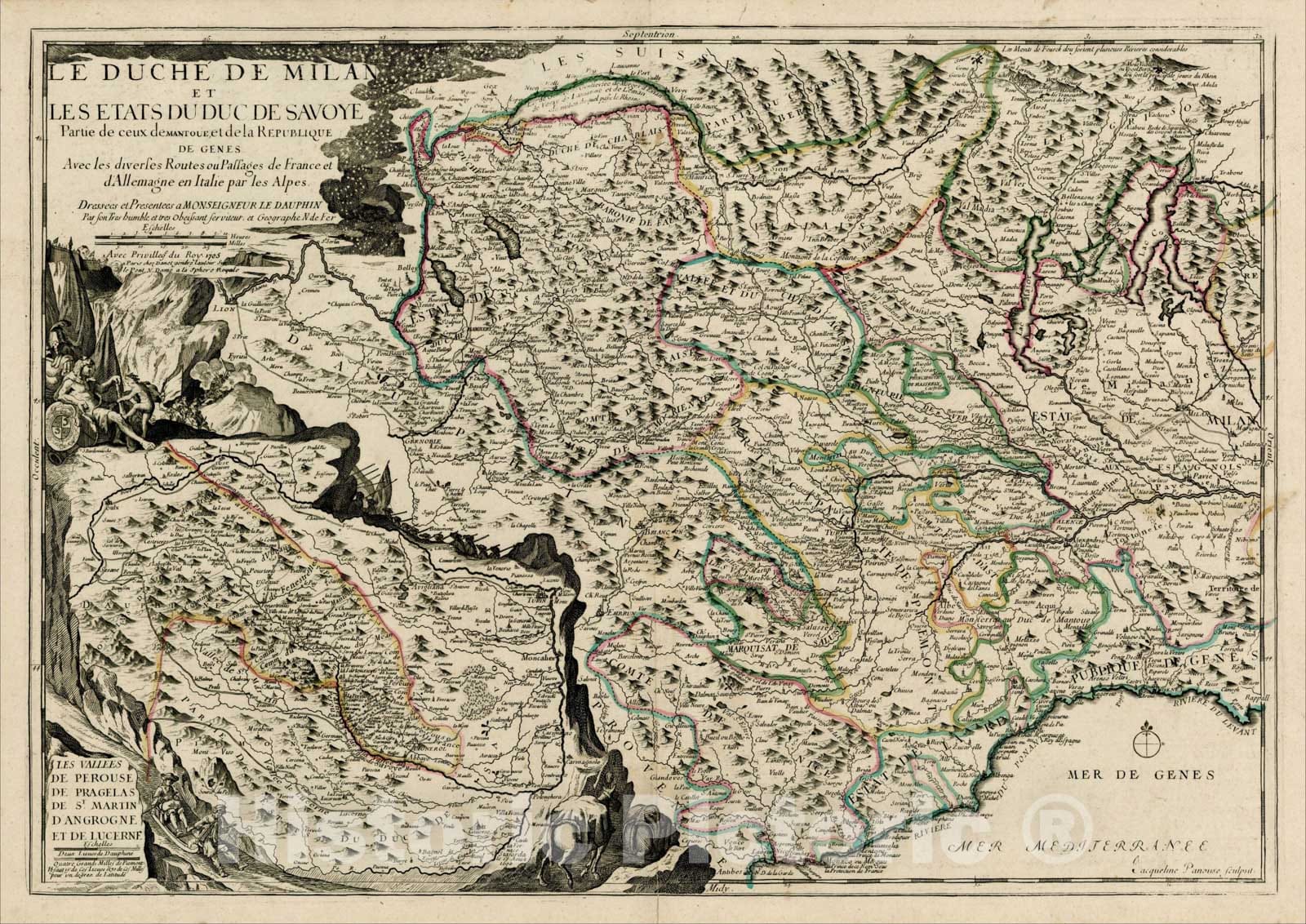 Historic Map : Le Duche De Milan et Les Etats Du Duc De Savoye Partie de ceux de Mantoue, 1705, Nicolas de Fer, Vintage Wall Art