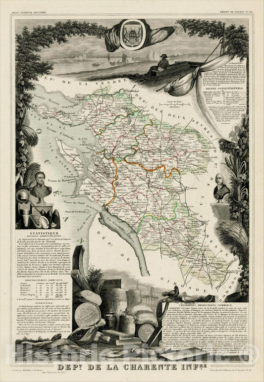 Historic Map : Dept. De La Chartente Infr., 1852, Victor Levasseur, Vintage Wall Art