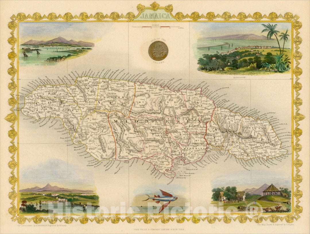 Historic Map : Jamaica, 1851, John Tallis, v2, Vintage Wall Art