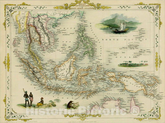Historic Map : Malay Archipelago, or East India Islands, 1851, John Tallis, v1, Vintage Wall Art