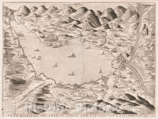 Historic Map : Vero Dissegno Del Lago di Geneva Con i Luoghi Che L Circondo, 1590, Giacomo Fornasieri, Vintage Wall Art