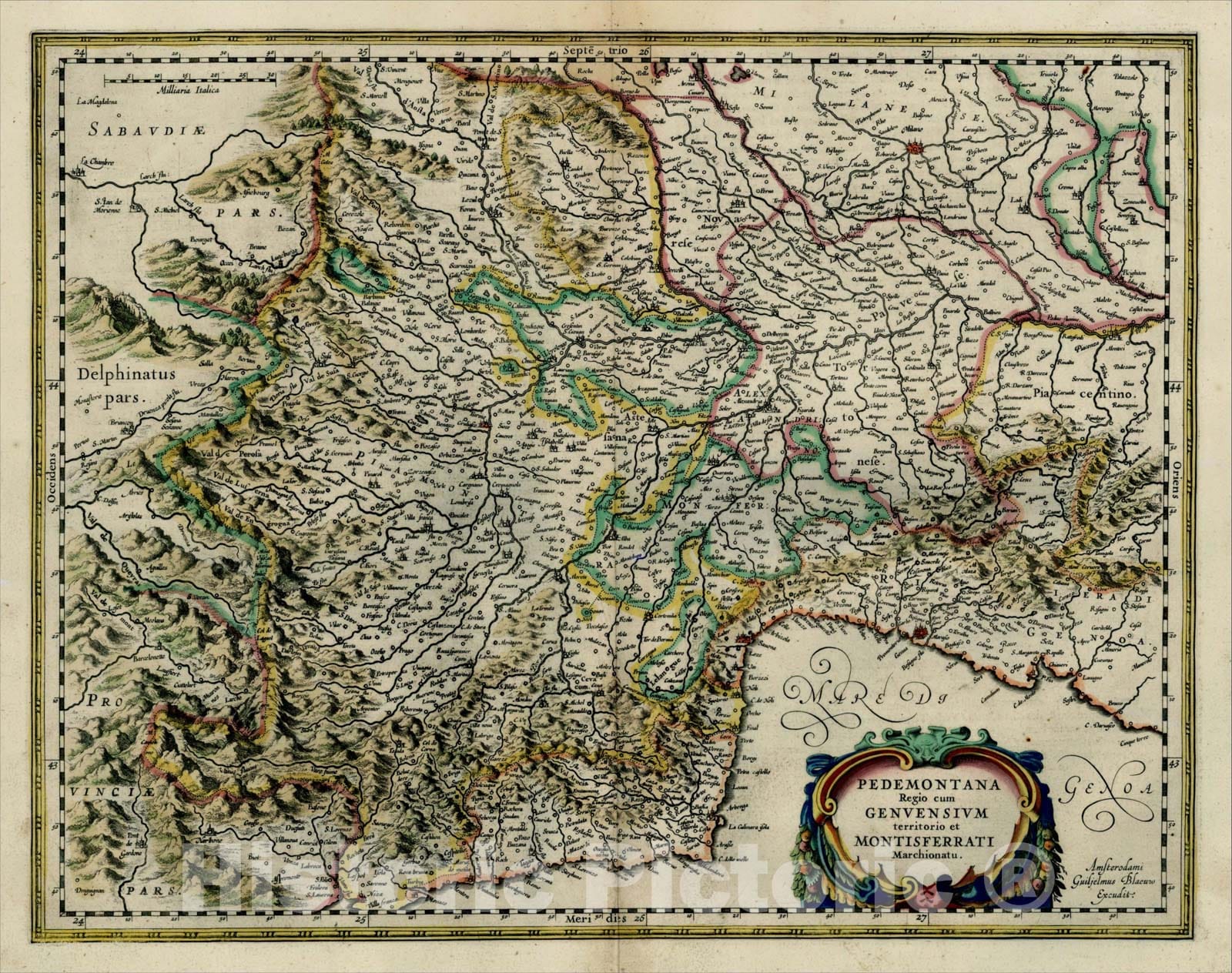 Historic Map : Pedemontana regio cum Genuensium territorio & Montisferrati Marchionatu, c1640, Willem Janszoon Blaeu, Vintage Wall Art
