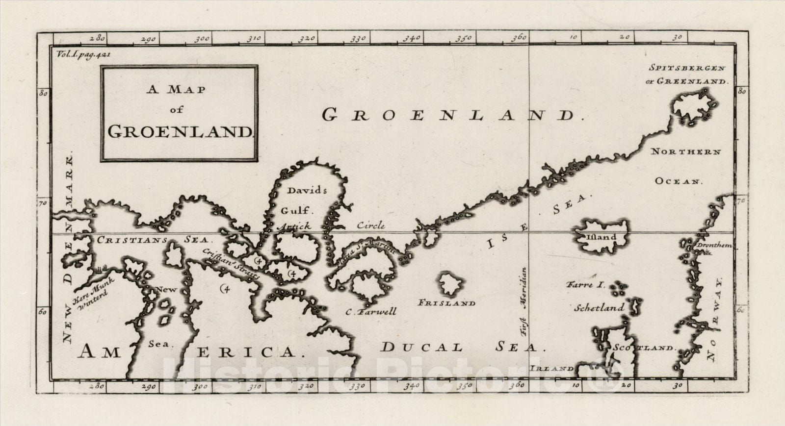 Historic Map : A Map of Groenland, 1704, Herman Moll, Vintage Wall Art