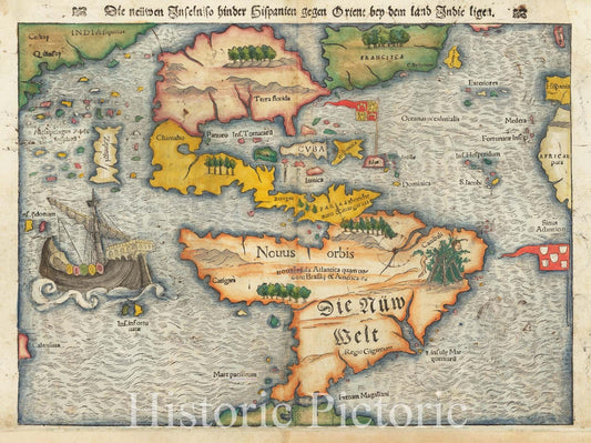 Historic Map : [First Map of the Continent of America] Die Neuwen Inseln, So hinder Hispanien gegen Orient ven dem land indie ligen, 1561, Sebastian M?nster, v1, Vintage Wall Art