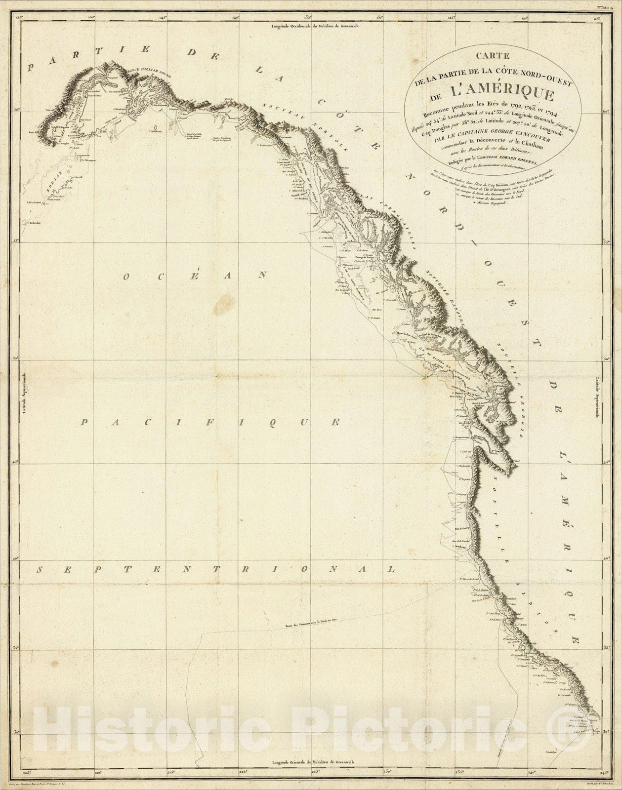 Historic Map : Carte de la Partie de la Cote Nord-Ouest de l'Amerique Reconnue pendant les Etes de 1792, 1793 et 1794, c1800, George Vancouver, Vintage Wall Art
