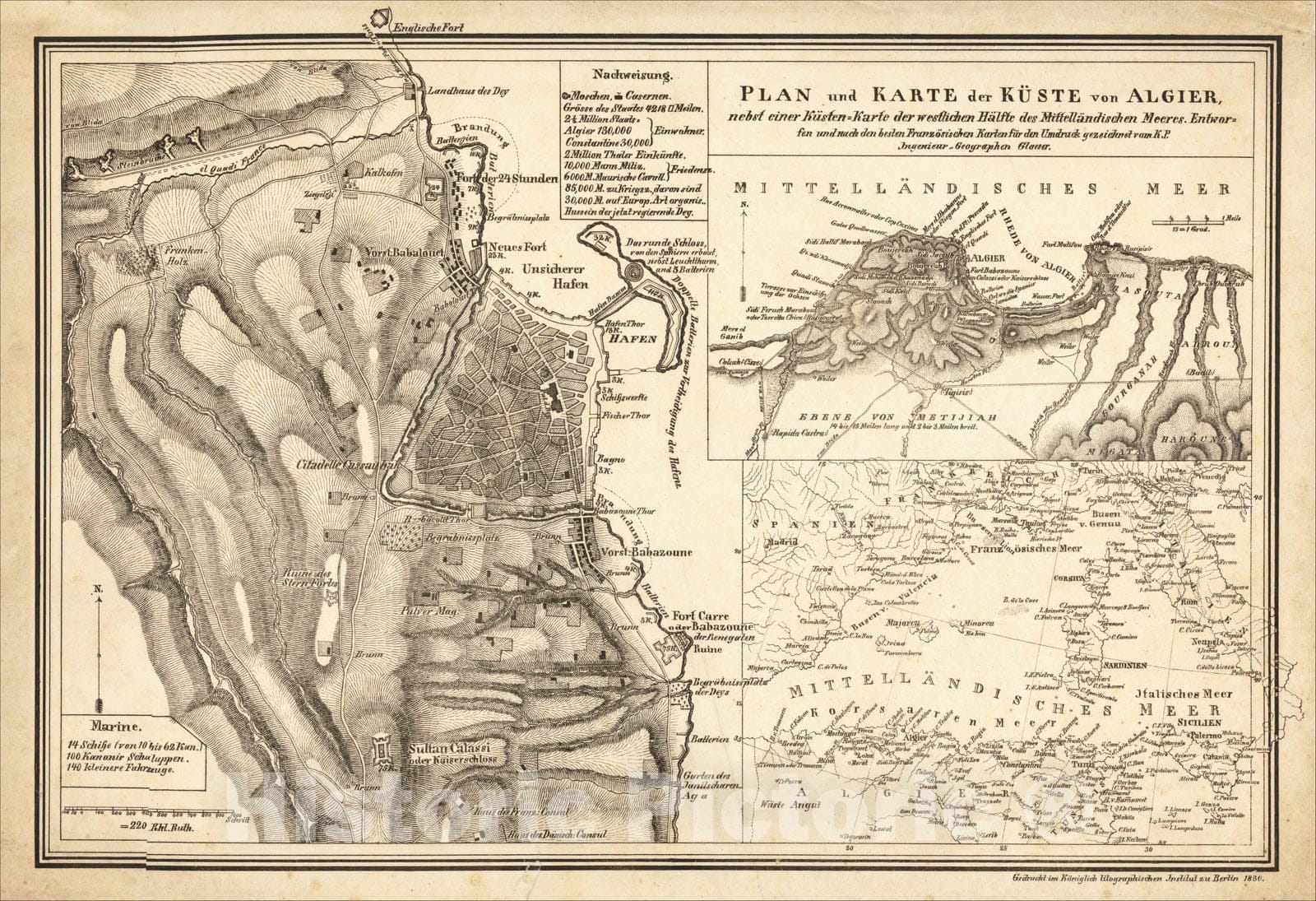 Historic Map : Plan und Karte der Kuste von Algier, nebst einer Kunsten, 1830, Glaser, Vintage Wall Art