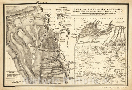 Historic Map : Plan und Karte der Kuste von Algier, nebst einer Kunsten, 1830, Glaser, Vintage Wall Art