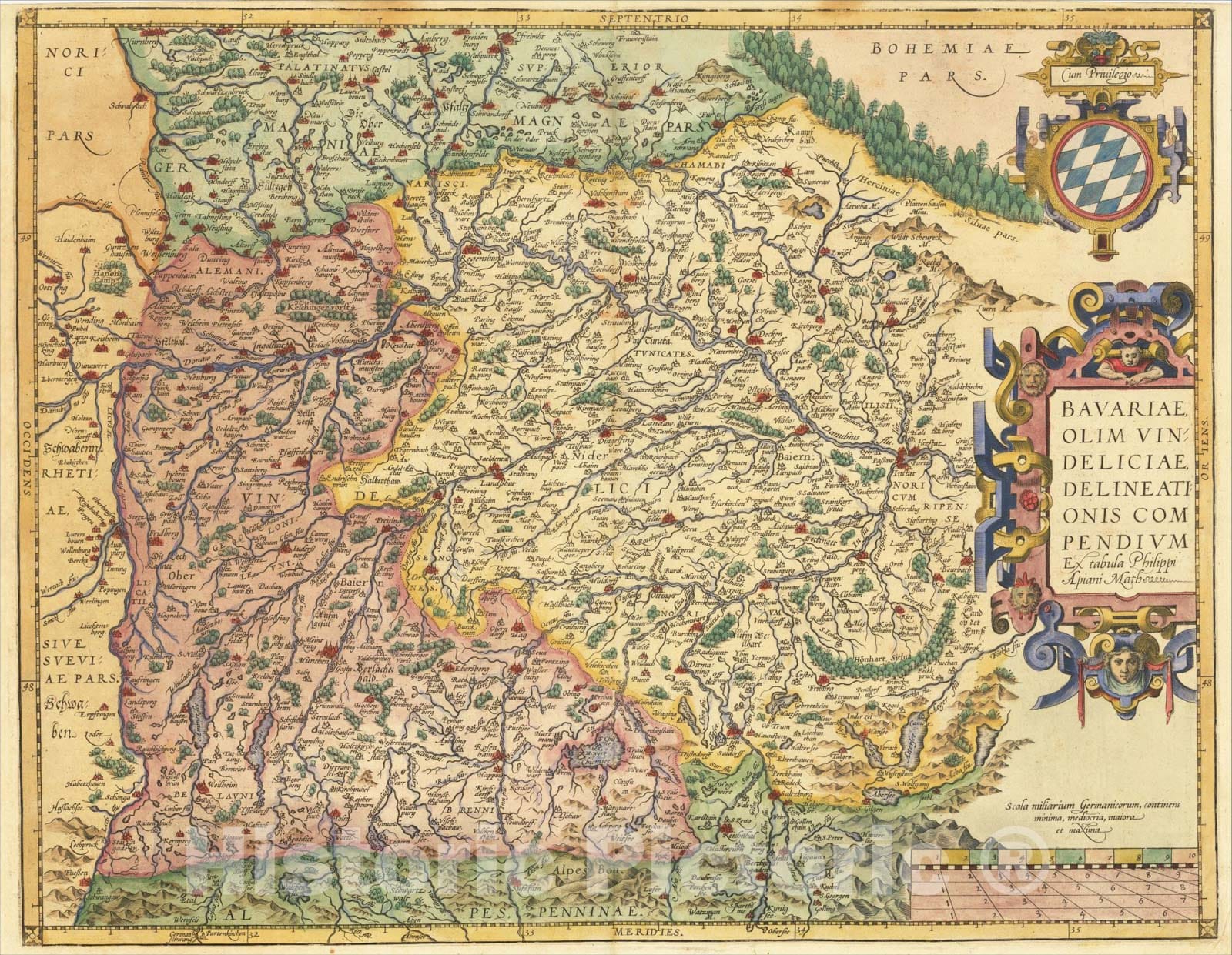 Historic Map : Bavariae, Olim Vindeliciae Delineationis Compendium Ex tabula Philippi Apiani Math, 1581, Abraham Ortelius, Vintage Wall Art