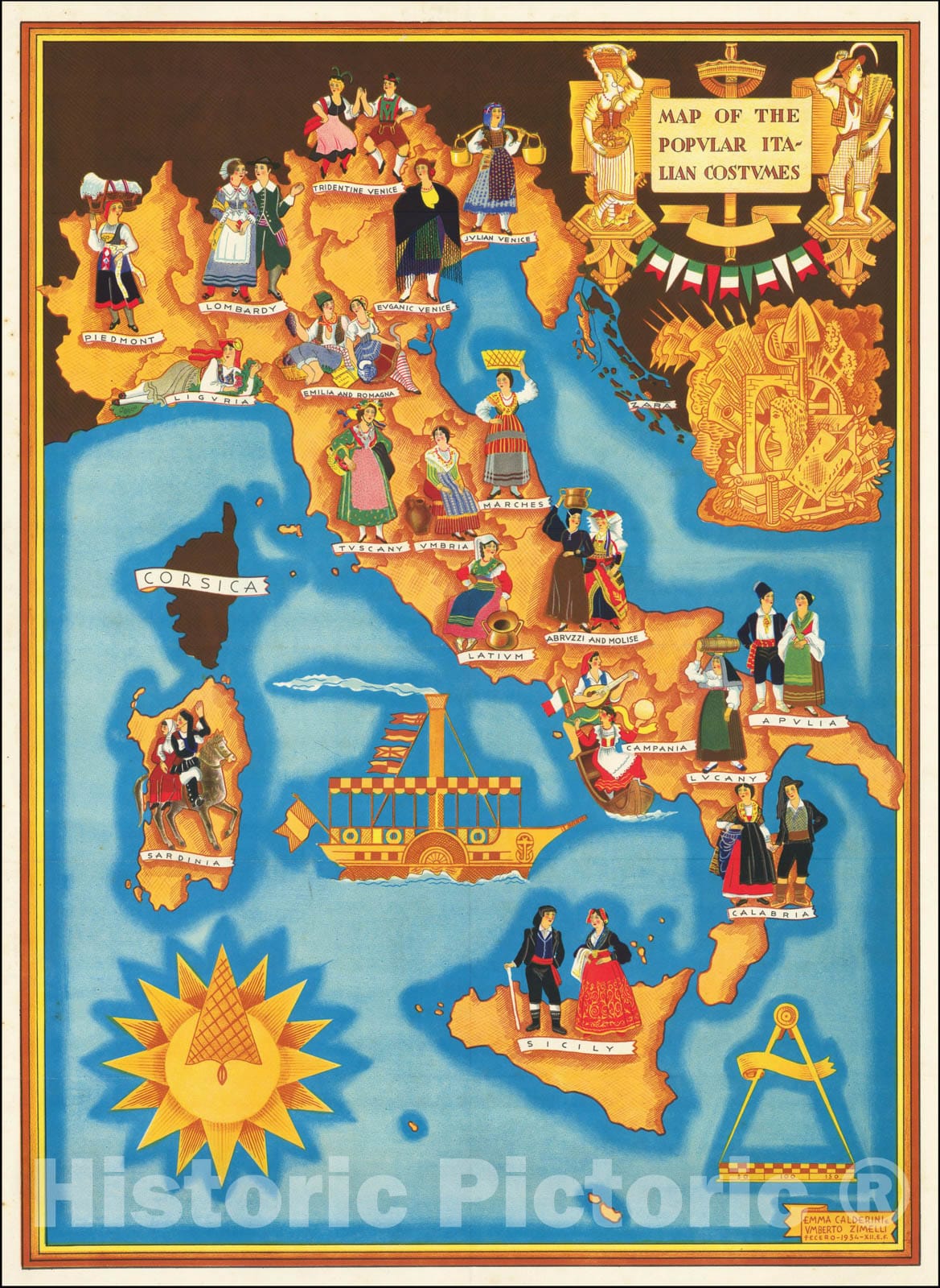 Historic Map : Map of the Popular Italian Costumes, 1934, Umberto Zimelli, Vintage Wall Art
