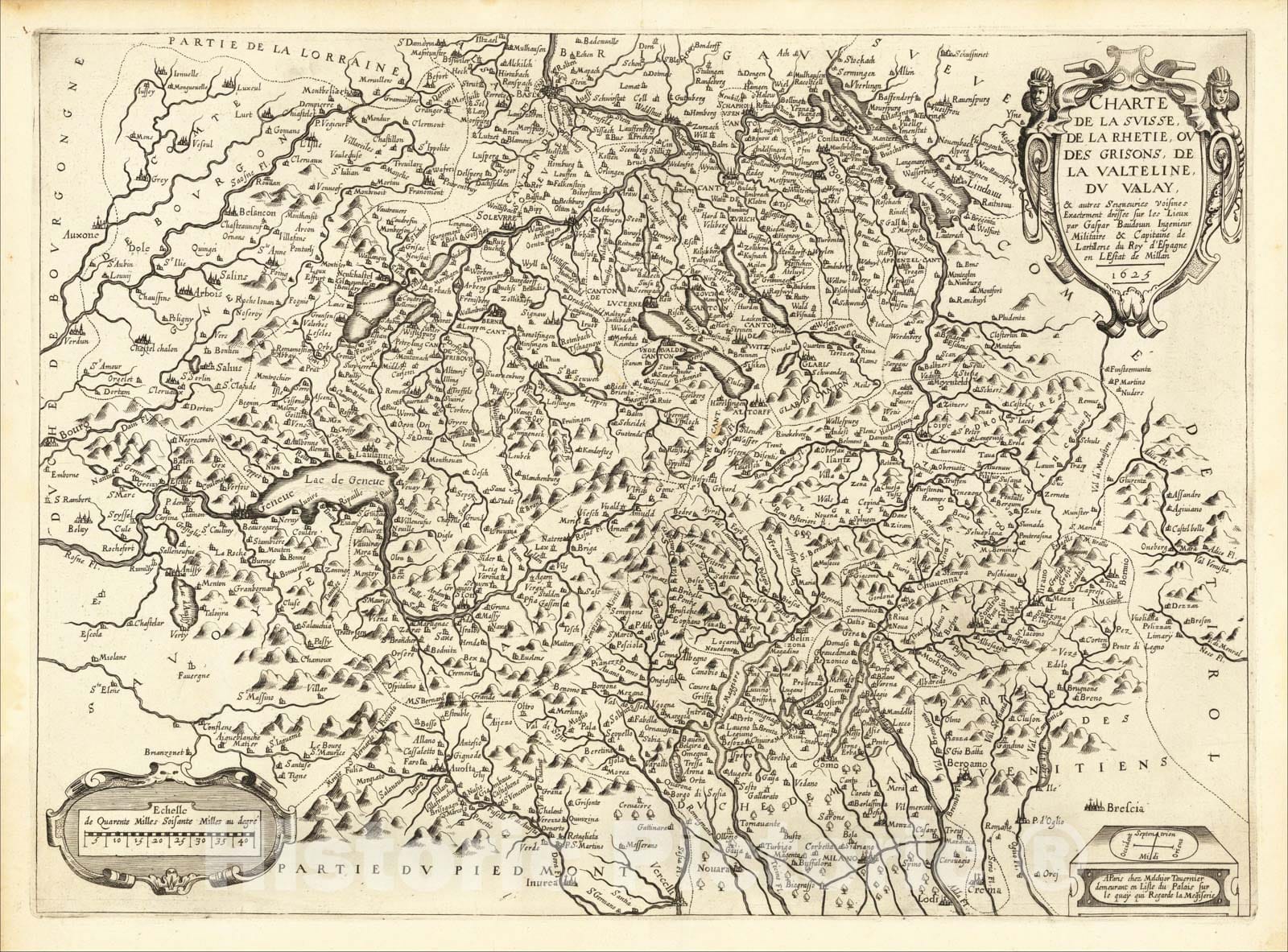 Historic Map : Charte De La Suisse, De La Rhetie, ou Des Grisons, De La Valtelin, Du Valay, & autres Seigneuries Visines Exactement, 1625, Melchior Tavernier, Vintage Wall Art